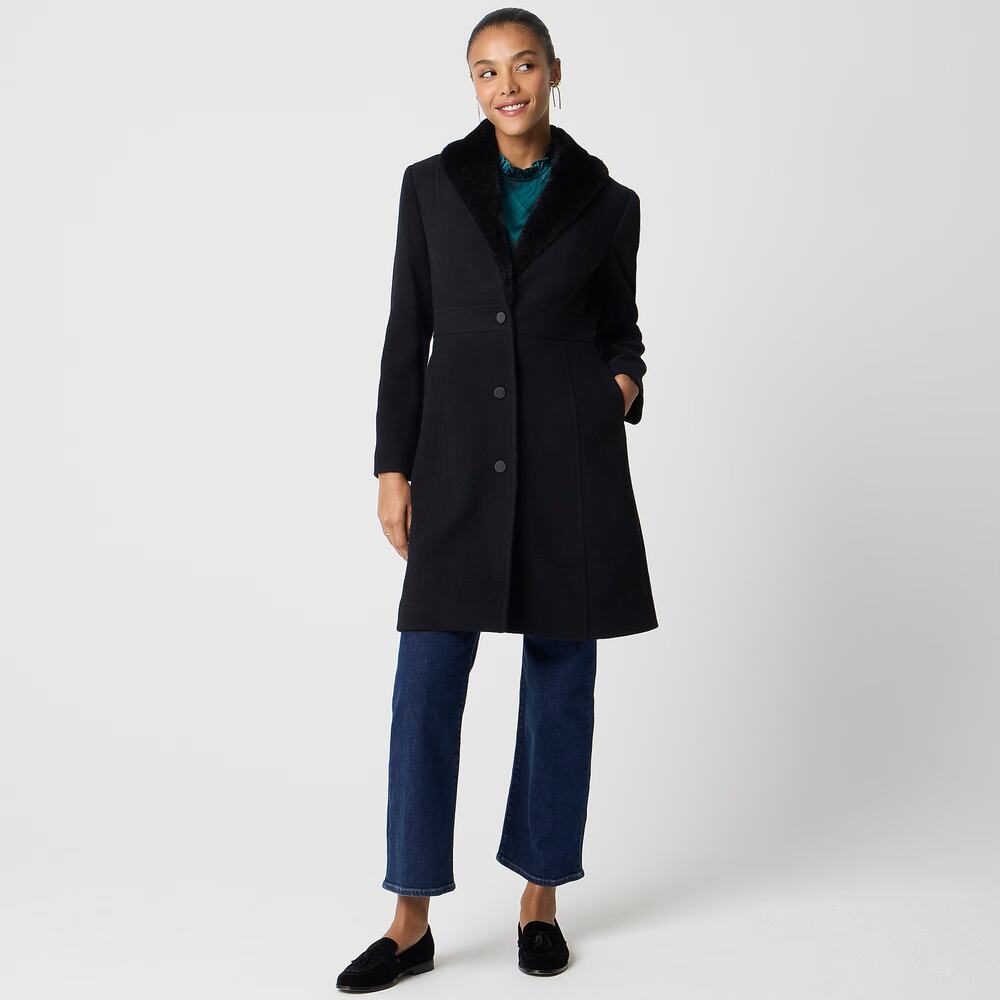 NWT J Crew Factory Lady Day Coat with Faux-Fur Shawl Collar Black Size 6